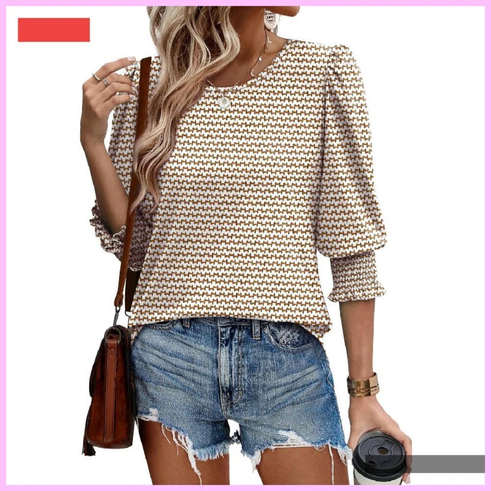 Women's 3/4 Sleeve Smocked Cuff Blouse Casual Dressy Top - Picture 3 of 4